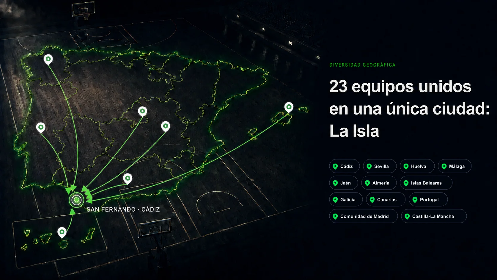 Mapa de procedencia de los 23 equipos, llegados desde Cádiz, Sevilla, Huelva, Málaga, Jaén, Almería y otros territorios, con rutas hacia San Fernando, La Isla